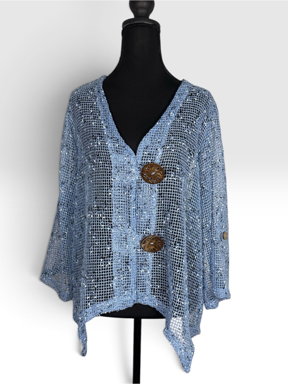 Nina Leonard XL Blue Open Knit Cardigan Handkerchief Hem Boho Oversized